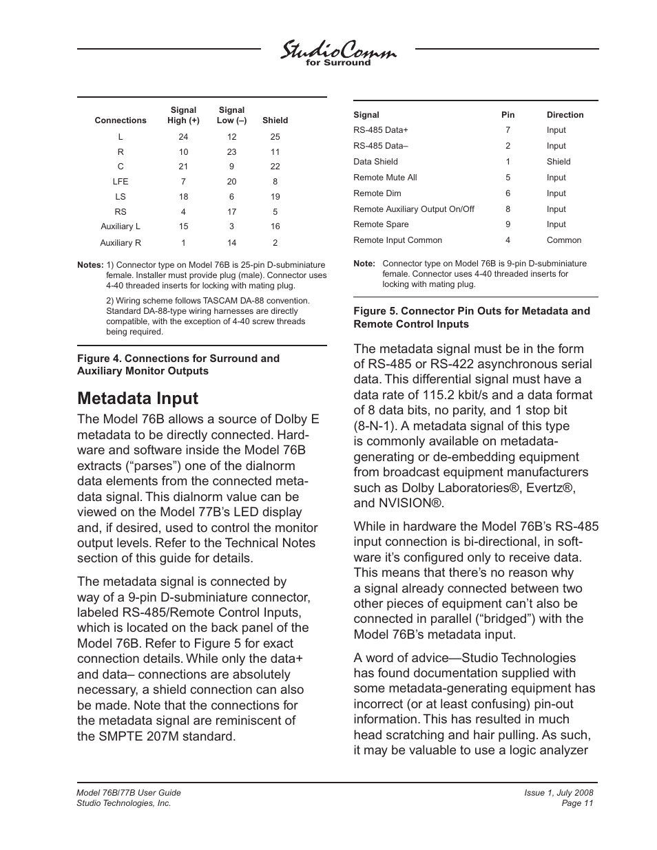 Metadata input | Studio Technologies 76B 2008 User Manual | Page 11 / 43