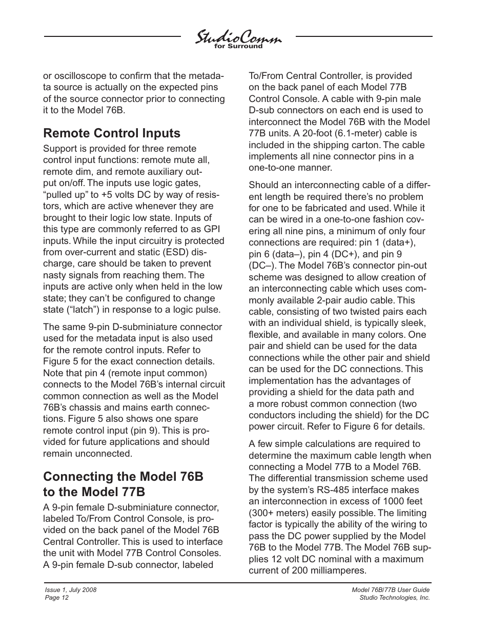 Remote control inputs, Connecting the model 76b to the model 77b | Studio Technologies 76B 2008 User Manual | Page 12 / 43