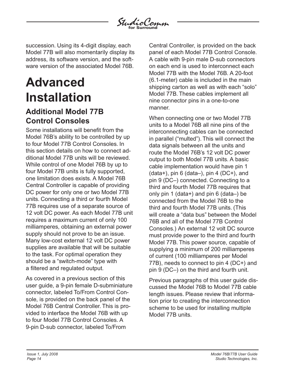 Advanced installation, Additional model 77b control consoles | Studio Technologies 76B 2008 User Manual | Page 14 / 43