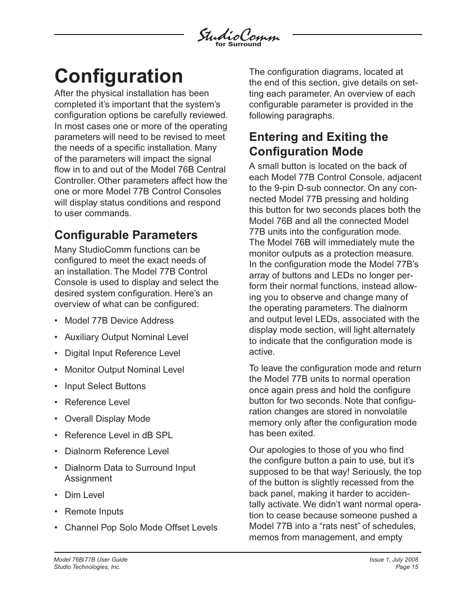 Configuration, Confi guration, Confi gurable parameters | Entering and exiting the confi guration mode | Studio Technologies 76B 2008 User Manual | Page 15 / 43