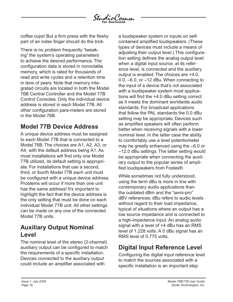 Model 77b device address, Auxiliary output nominal level, Digital input reference level | Studio Technologies 76B 2008 User Manual | Page 16 / 43