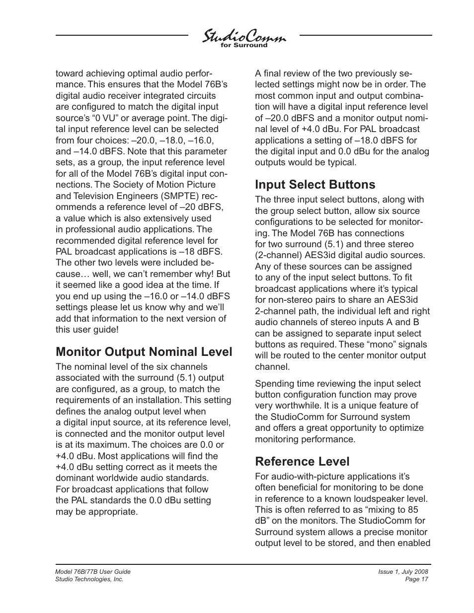 Monitor output nominal level, Input select buttons, Reference level | Studio Technologies 76B 2008 User Manual | Page 17 / 43