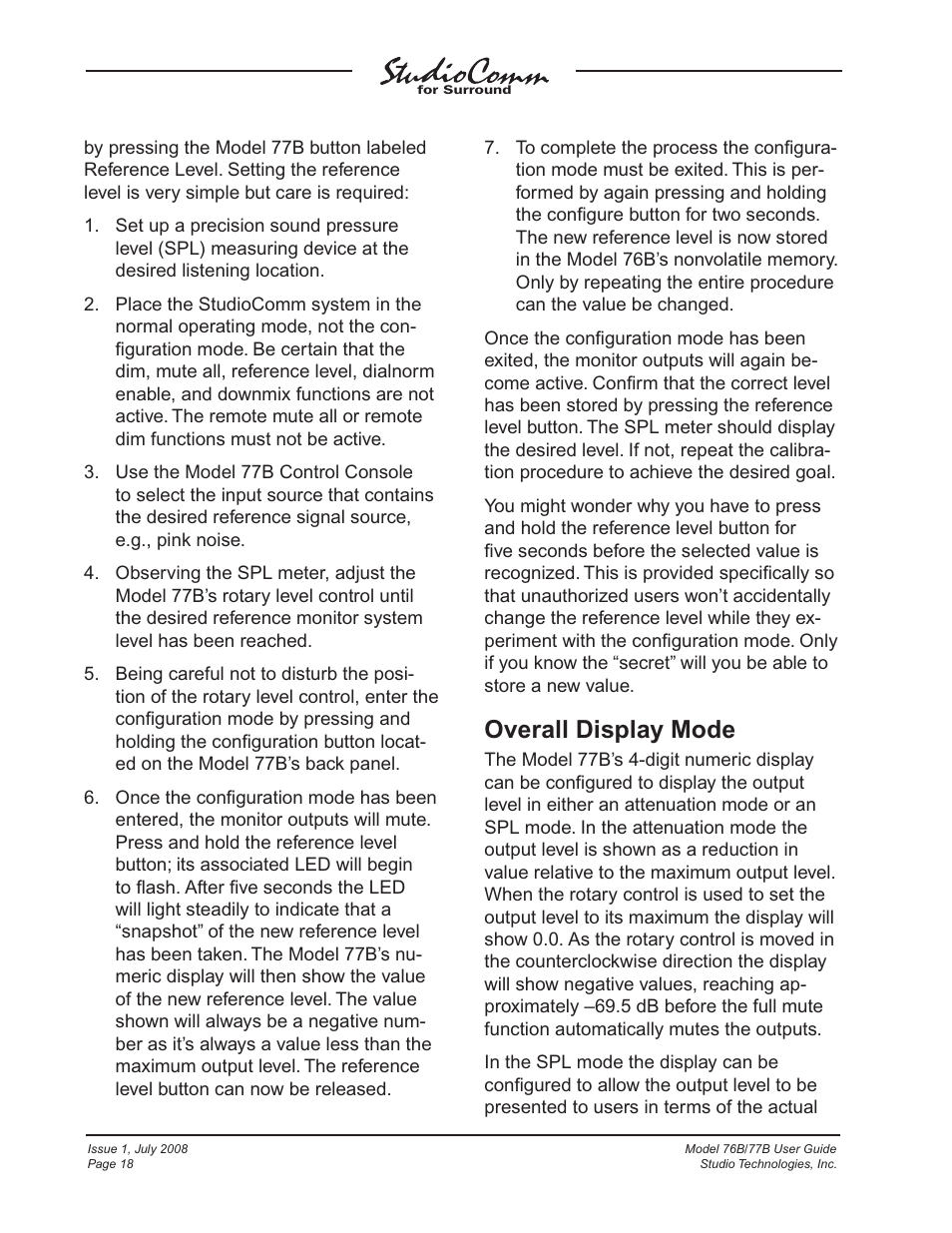 Overall display mode | Studio Technologies 76B 2008 User Manual | Page 18 / 43