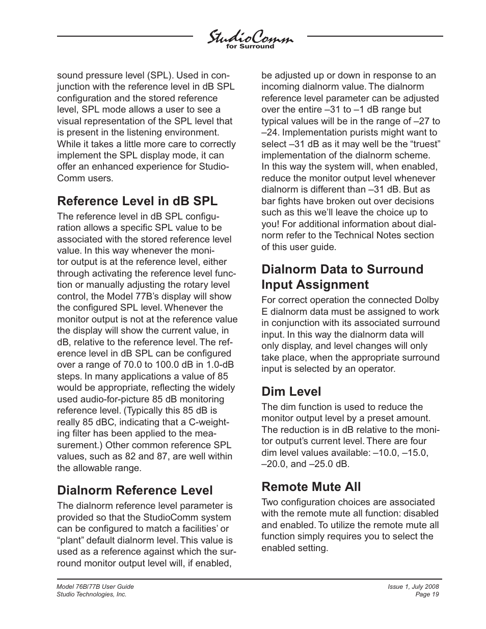 Reference level in db spl, Dialnorm reference level, Dialnorm data to surround input assignment | Dim level, Remote mute all | Studio Technologies 76B 2008 User Manual | Page 19 / 43