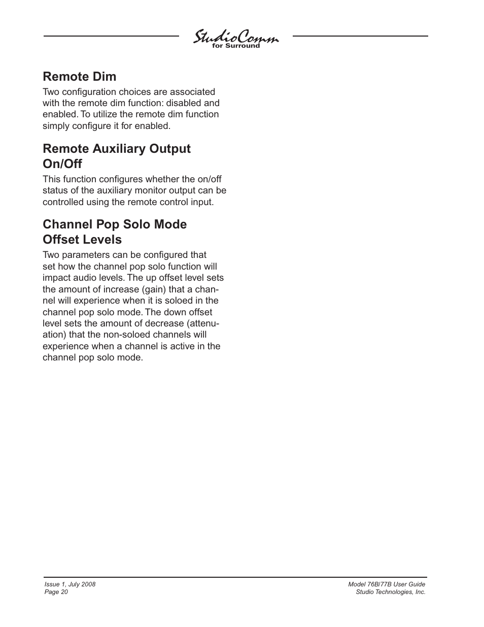 Remote dim, Remote auxiliary output on/off, Channel pop solo mode offset levels | Studio Technologies 76B 2008 User Manual | Page 20 / 43