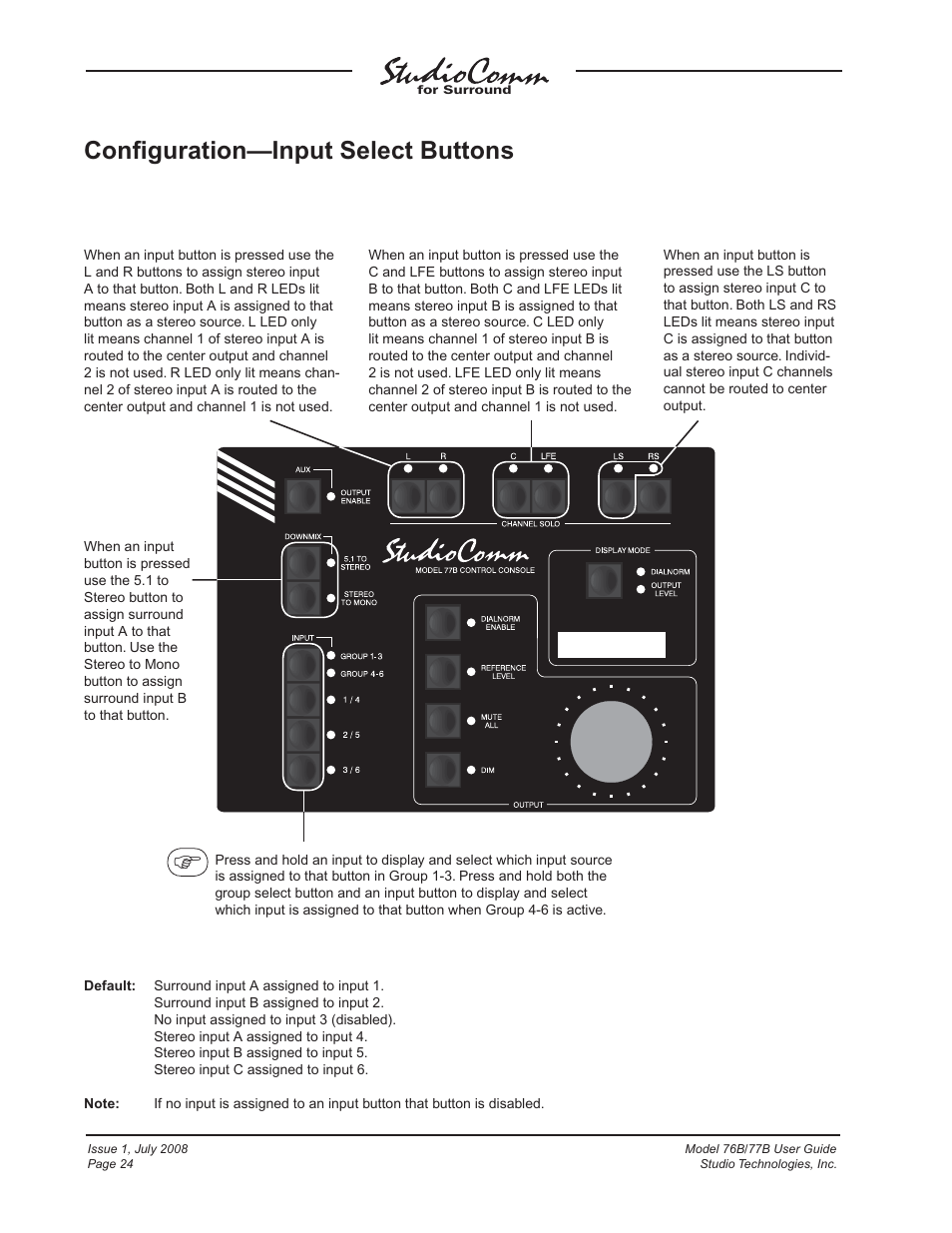Confi guration—input select buttons | Studio Technologies 76B 2008 User Manual | Page 24 / 43