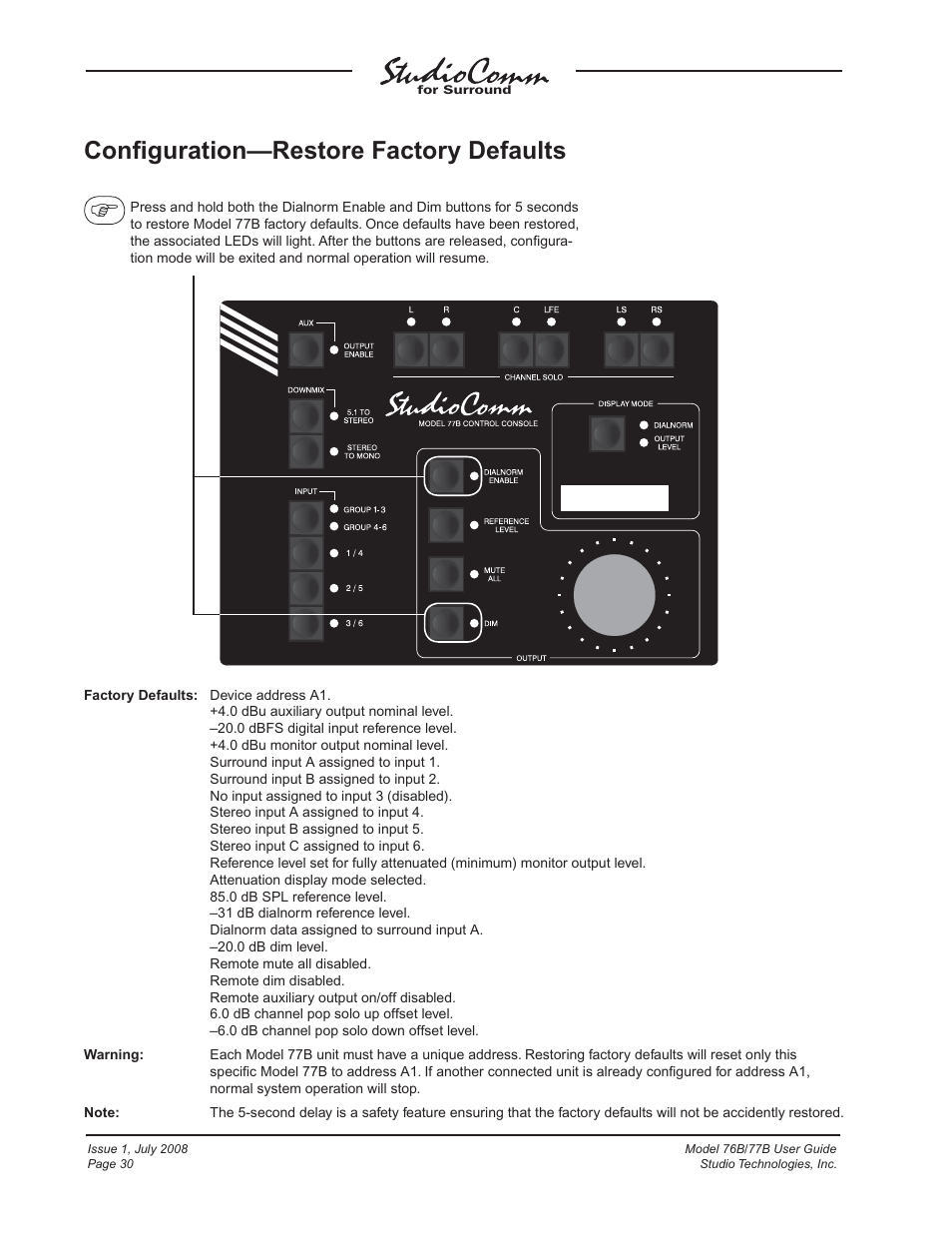 Confi guration—restore factory defaults | Studio Technologies 76B 2008 User Manual | Page 30 / 43