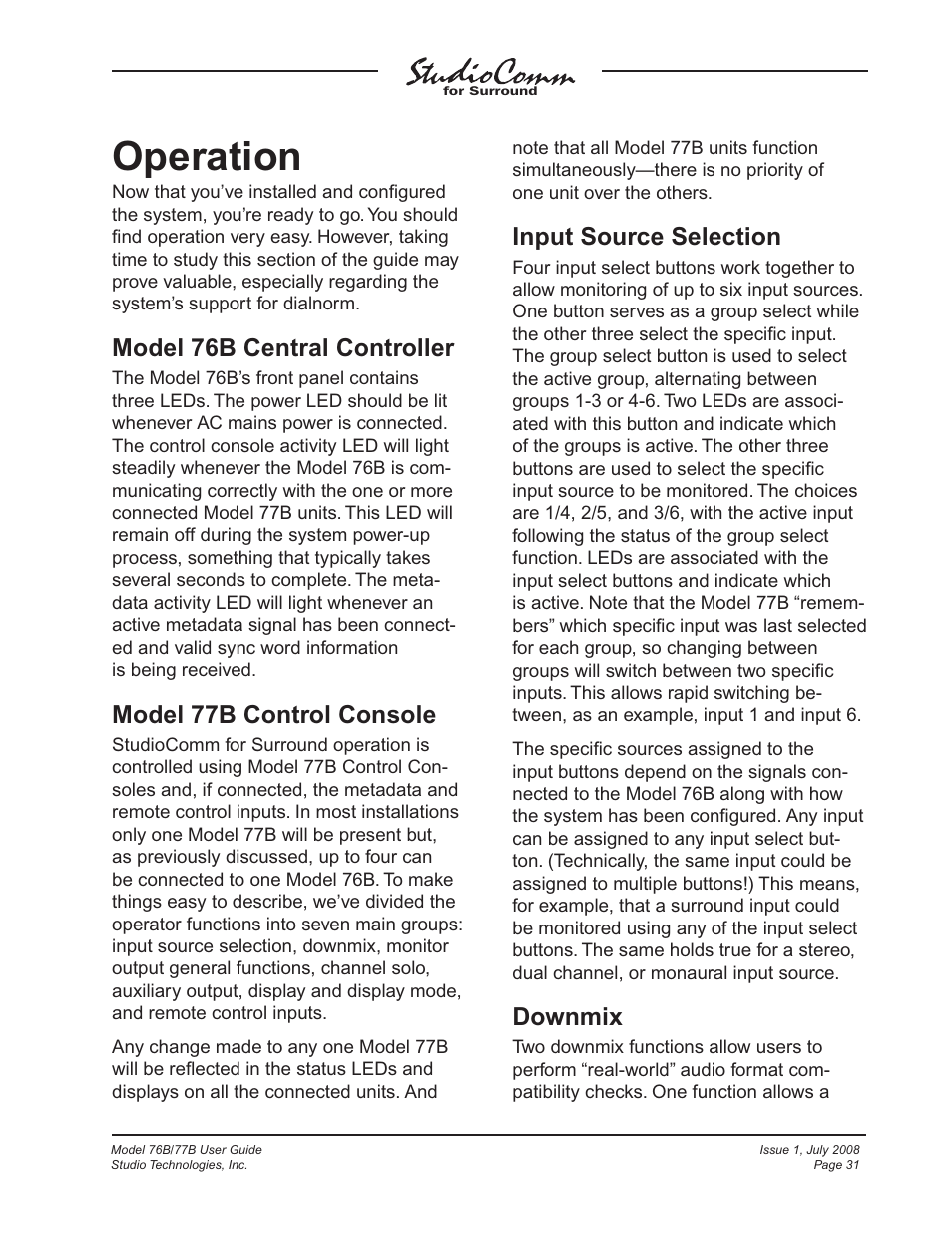 Operation, Model 76b central controller, Model 77b control console | Input source selection, Downmix | Studio Technologies 76B 2008 User Manual | Page 31 / 43