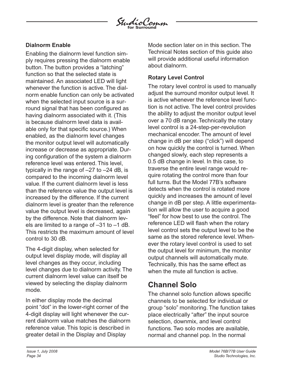 Channel solo | Studio Technologies 76B 2008 User Manual | Page 34 / 43