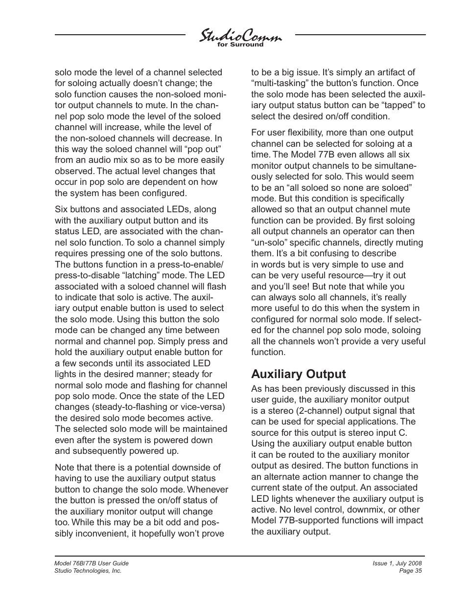 Auxiliary output | Studio Technologies 76B 2008 User Manual | Page 35 / 43