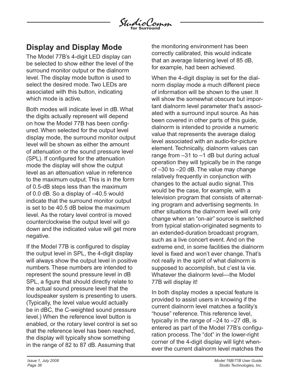 Display and display mode | Studio Technologies 76B 2008 User Manual | Page 36 / 43