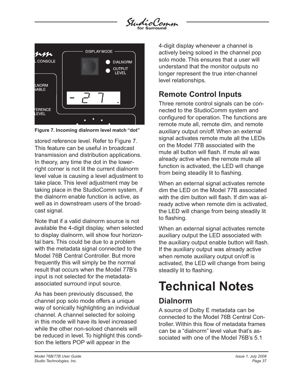 Technical notes, Remote control inputs, Dialnorm | Studio Technologies 76B 2008 User Manual | Page 37 / 43