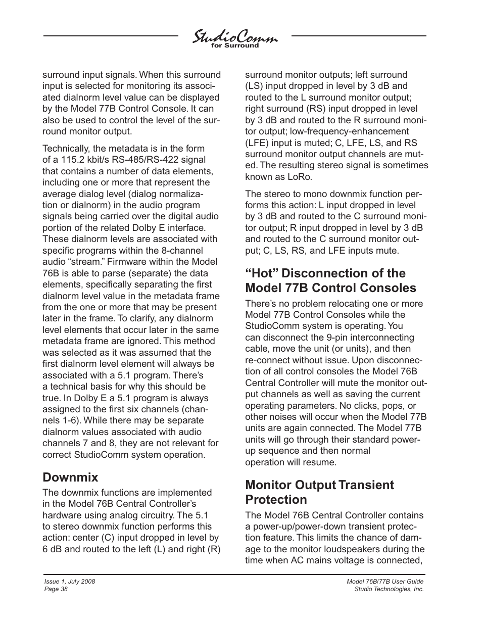 Downmix, Monitor output transient protection | Studio Technologies 76B 2008 User Manual | Page 38 / 43