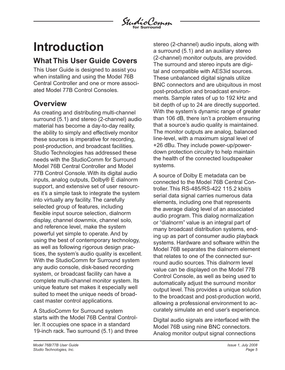 Introduction, What this user guide covers, Overview | Studio Technologies 76B 2008 User Manual | Page 5 / 43