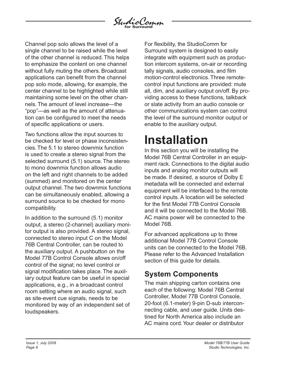 Installation, System components | Studio Technologies 76B 2008 User Manual | Page 8 / 43