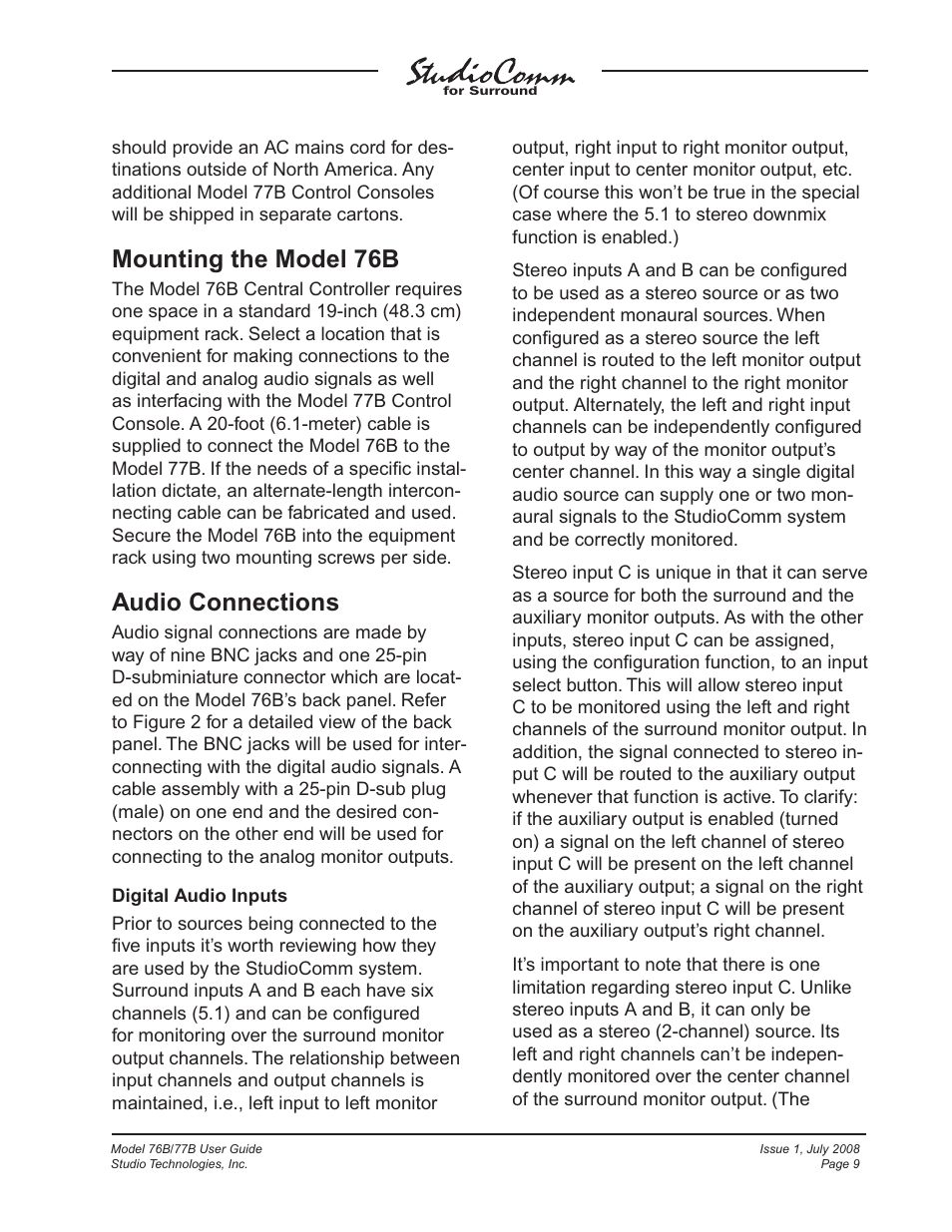 Mounting the model 76b, Audio connections | Studio Technologies 76B 2008 User Manual | Page 9 / 43