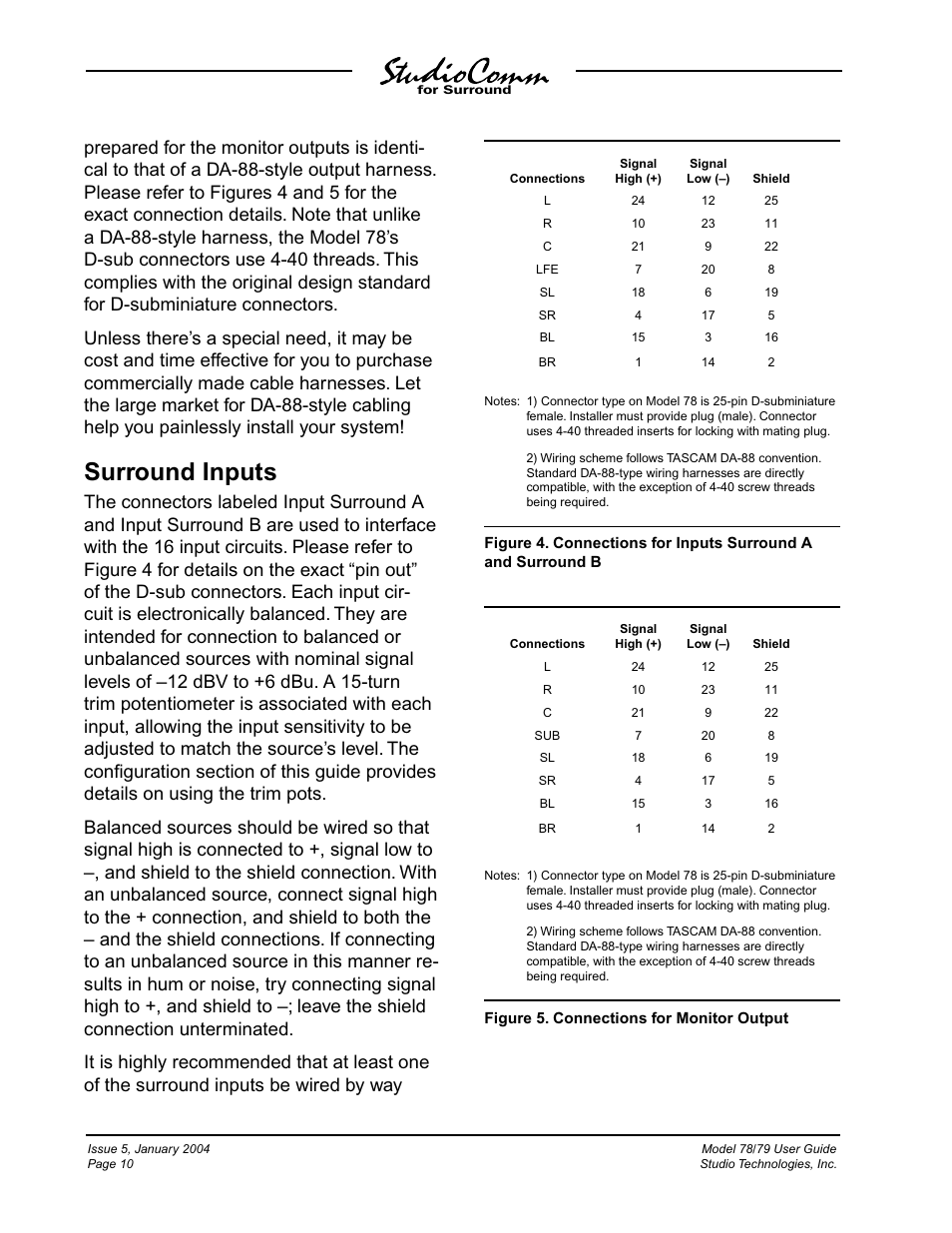 Surround inputs | Studio Technologies 78 2004 User Manual | Page 10 / 48
