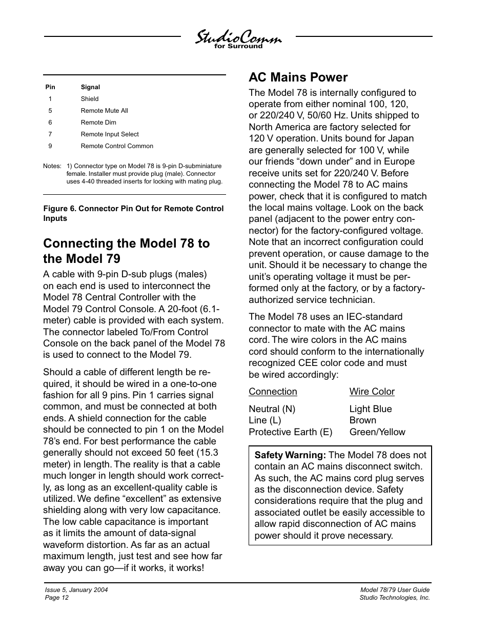 Connecting the model 78 to the model 79, Ac mains power | Studio Technologies 78 2004 User Manual | Page 12 / 48