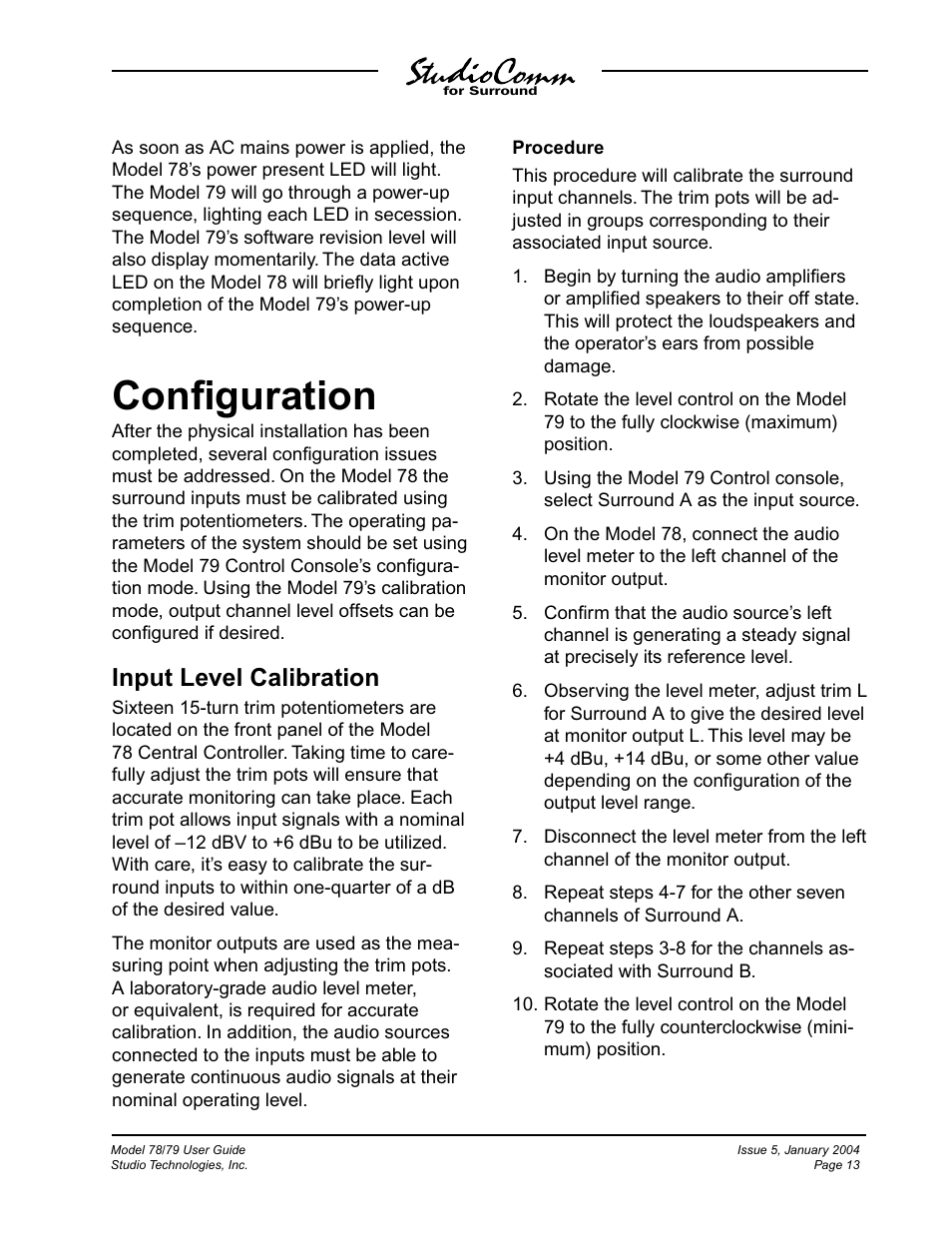 Conﬁguration, Input level calibration | Studio Technologies 78 2004 User Manual | Page 13 / 48