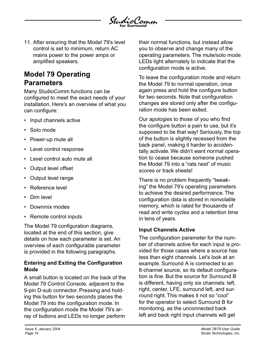 Model 79 operating parameters | Studio Technologies 78 2004 User Manual | Page 14 / 48