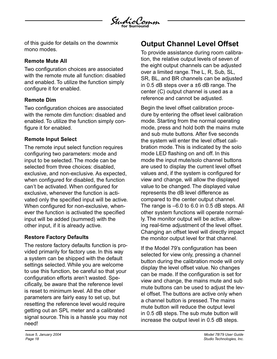 Output channel level offset | Studio Technologies 78 2004 User Manual | Page 18 / 48