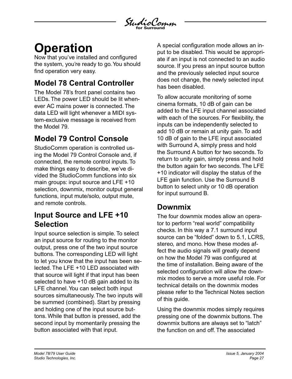 Operation, Model 78 central controller, Model 79 control console | Input source and lfe +10 selection, Downmix | Studio Technologies 78 2004 User Manual | Page 27 / 48