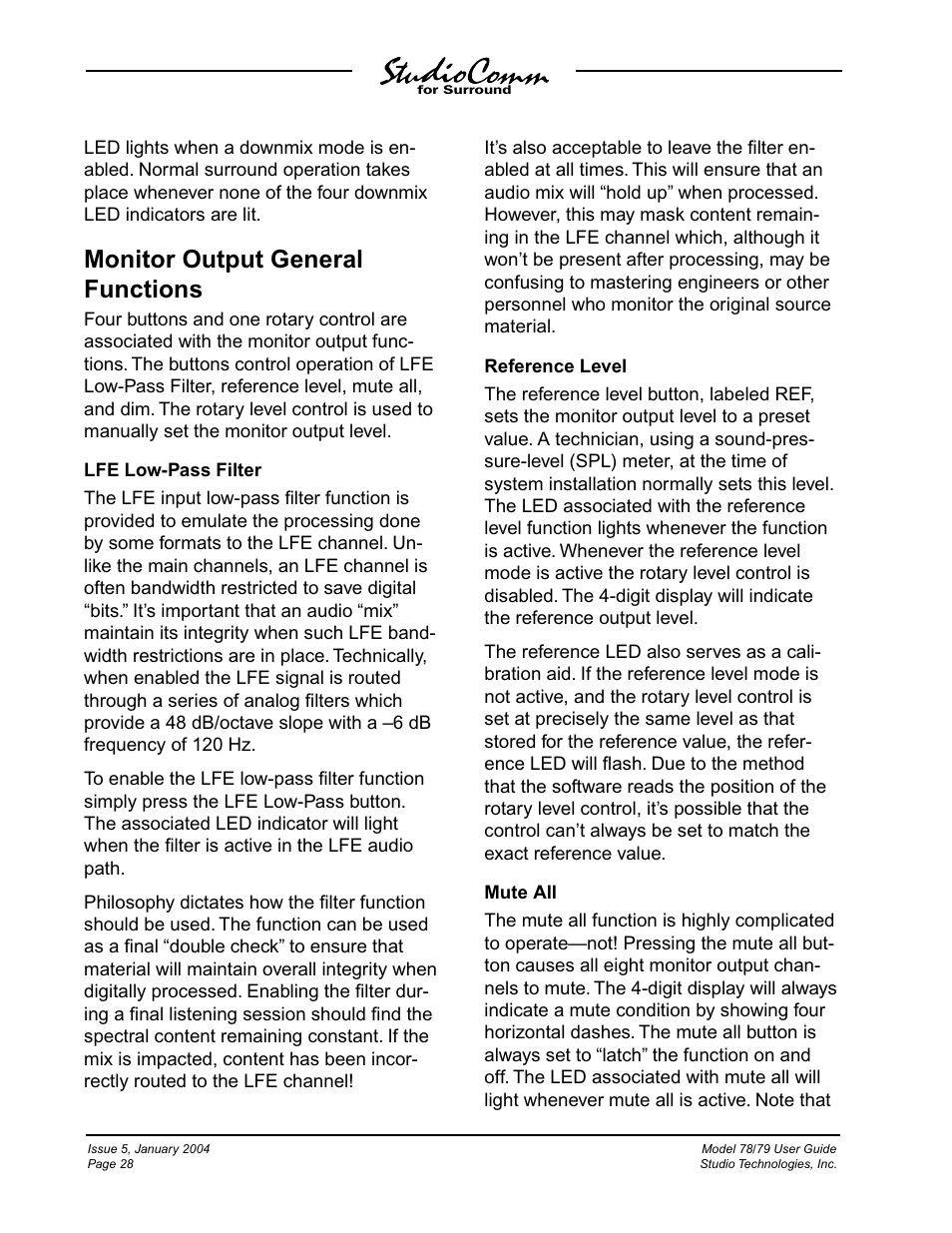 Monitor output general functions | Studio Technologies 78 2004 User Manual | Page 28 / 48