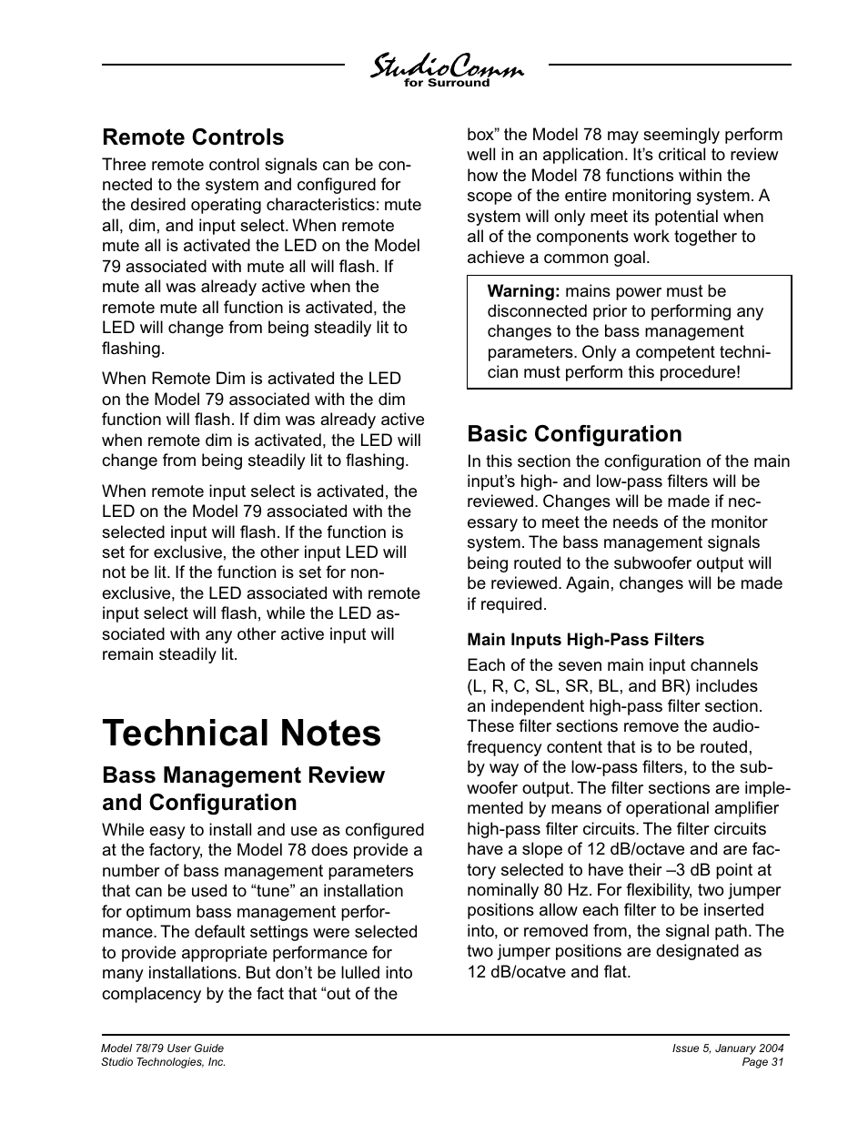 Remote controls, Bass management review and conﬁguration, Basic conﬁguration | Studio Technologies 78 2004 User Manual | Page 31 / 48
