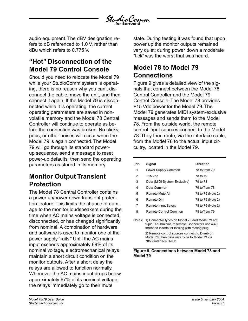 Hot” disconnection of the model 79 control console, Monitor output transient protection, Model 78 to model 79 connections | Studio Technologies 78 2004 User Manual | Page 37 / 48