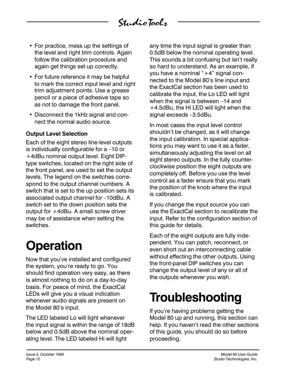 Operation, Troubleshooting | Studio Technologies 80 1999 User Manual | Page 12 / 16