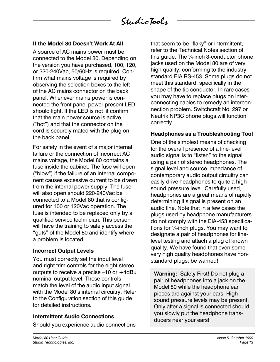 Studio Technologies 80 1999 User Manual | Page 13 / 16