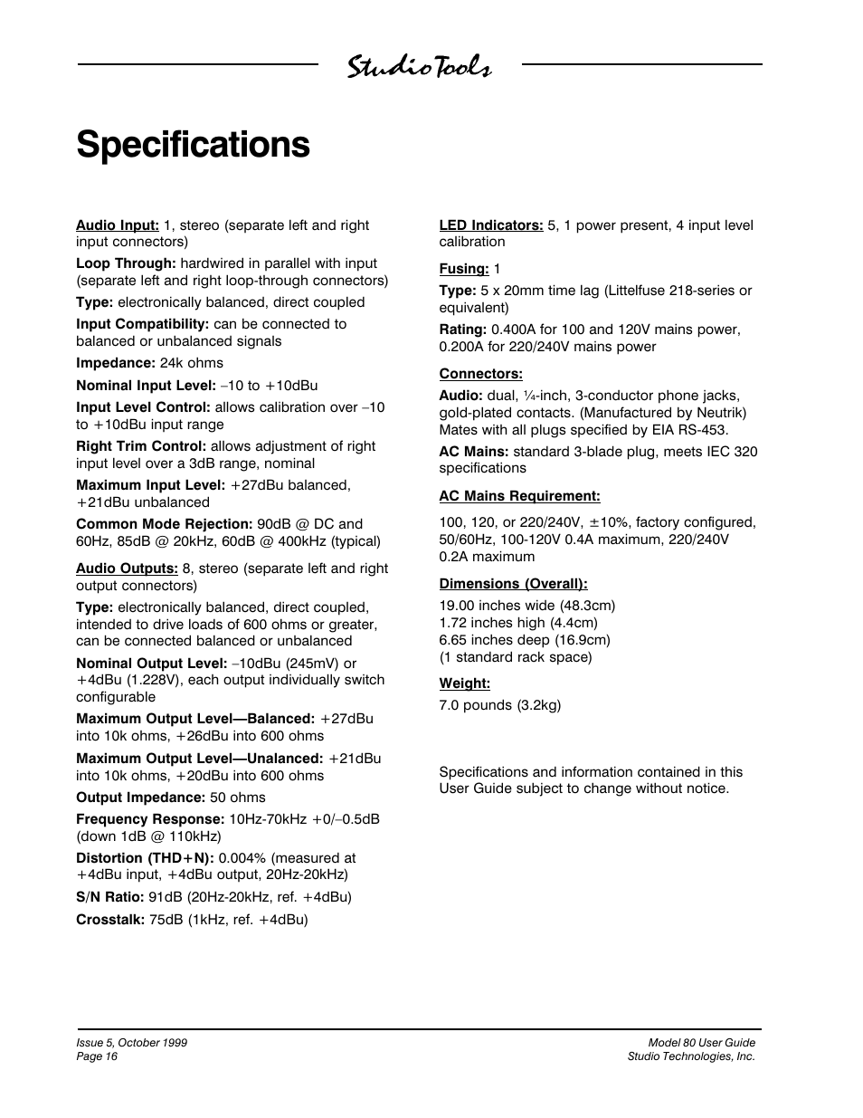 Specifications | Studio Technologies 80 1999 User Manual | Page 16 / 16
