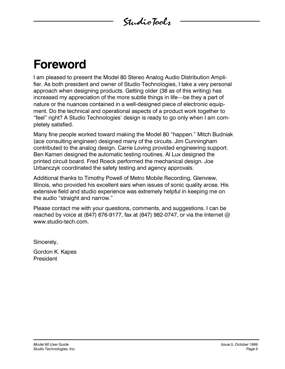 Foreword | Studio Technologies 80 1999 User Manual | Page 5 / 16