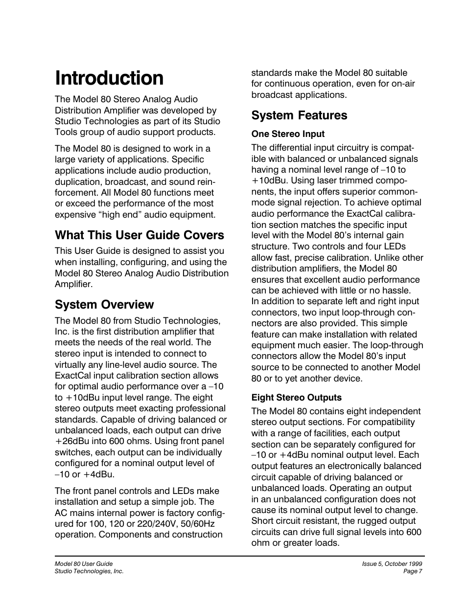Introduction, What this user guide covers, System overview | System features | Studio Technologies 80 1999 User Manual | Page 7 / 16