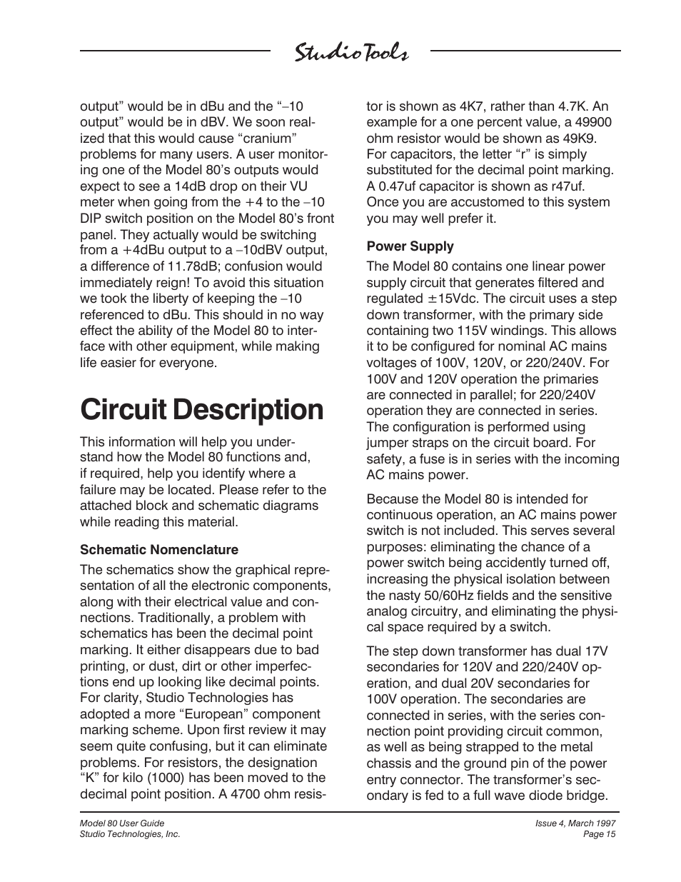 Circuit description | Studio Technologies 80 1997 User Manual | Page 12 / 17