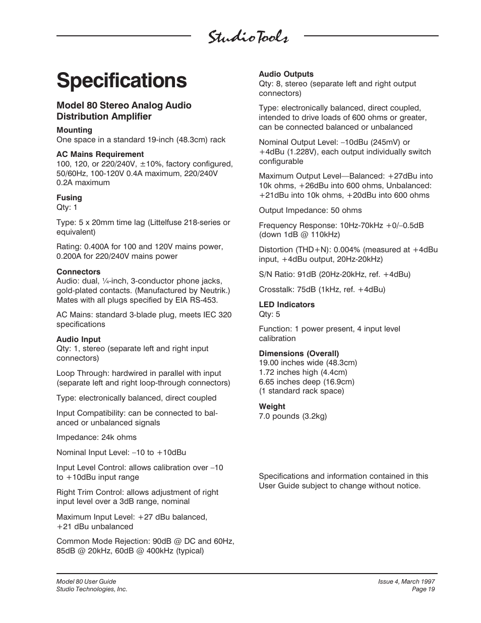 Specifications | Studio Technologies 80 1997 User Manual | Page 16 / 17