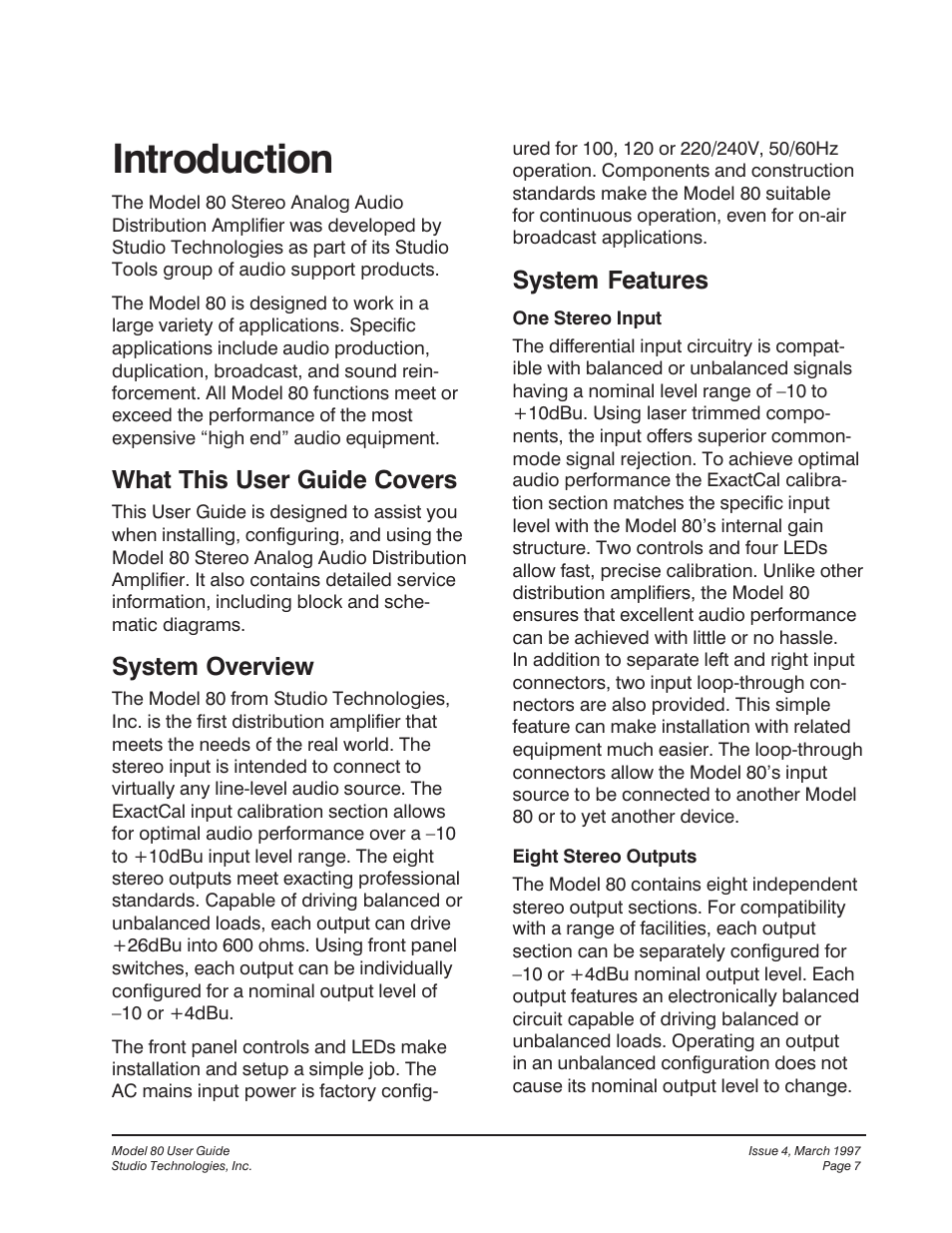 Introduction, What this user guide covers, System overview | System features | Studio Technologies 80 1997 User Manual | Page 4 / 17