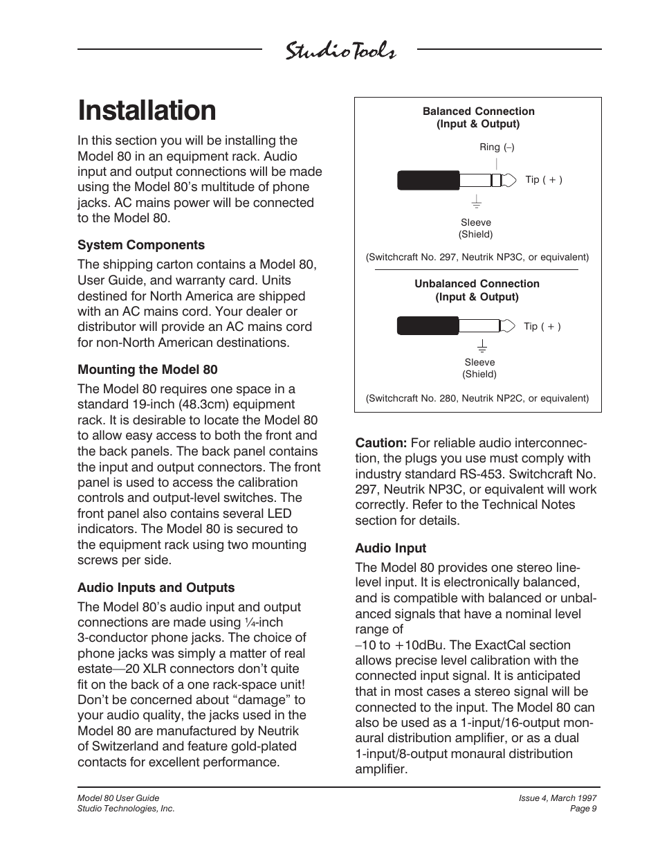 Installation | Studio Technologies 80 1997 User Manual | Page 6 / 17