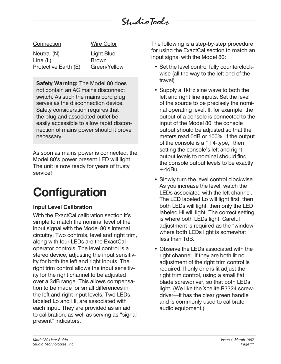 Configuration | Studio Technologies 80 1997 User Manual | Page 8 / 17