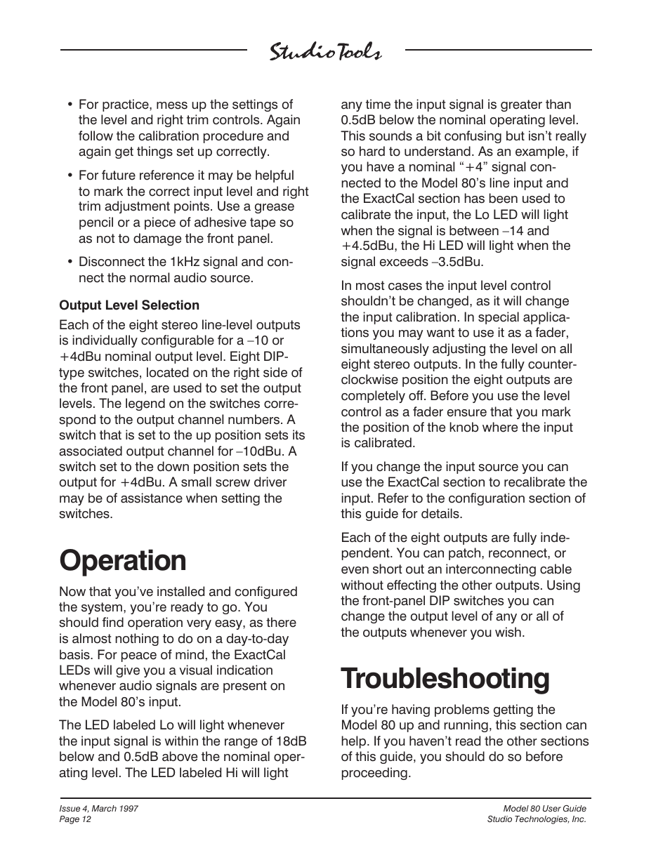 Operation, Troubleshooting | Studio Technologies 80 1997 User Manual | Page 9 / 17