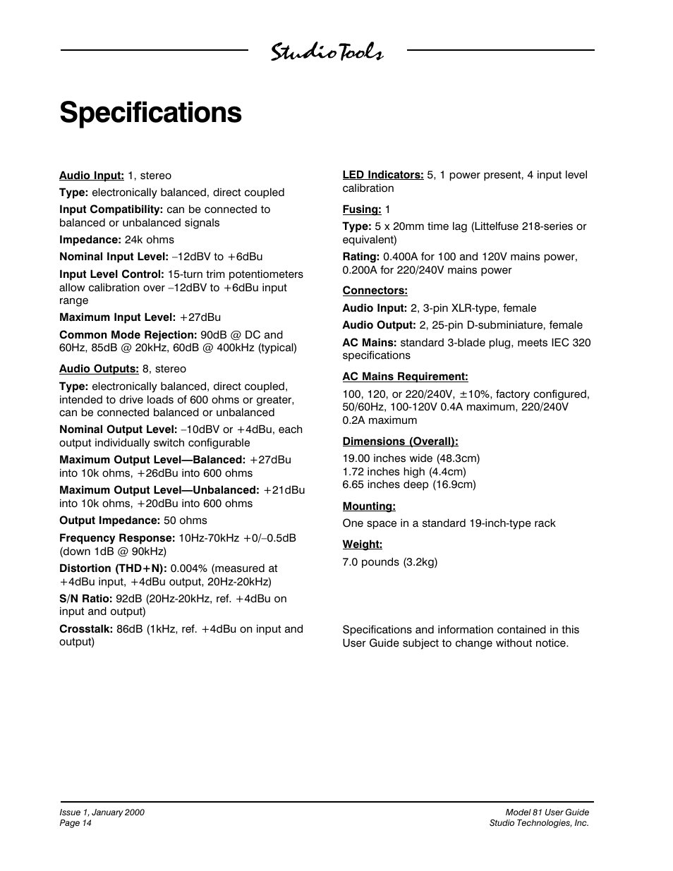 Specifications | Studio Technologies 81 User Manual | Page 14 / 15
