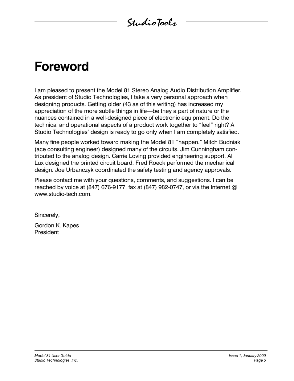 Foreword | Studio Technologies 81 User Manual | Page 5 / 15