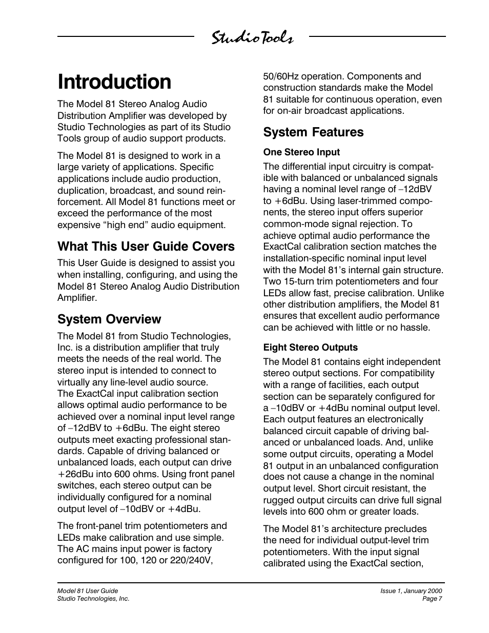 Introduction, What this user guide covers, System overview | System features | Studio Technologies 81 User Manual | Page 7 / 15