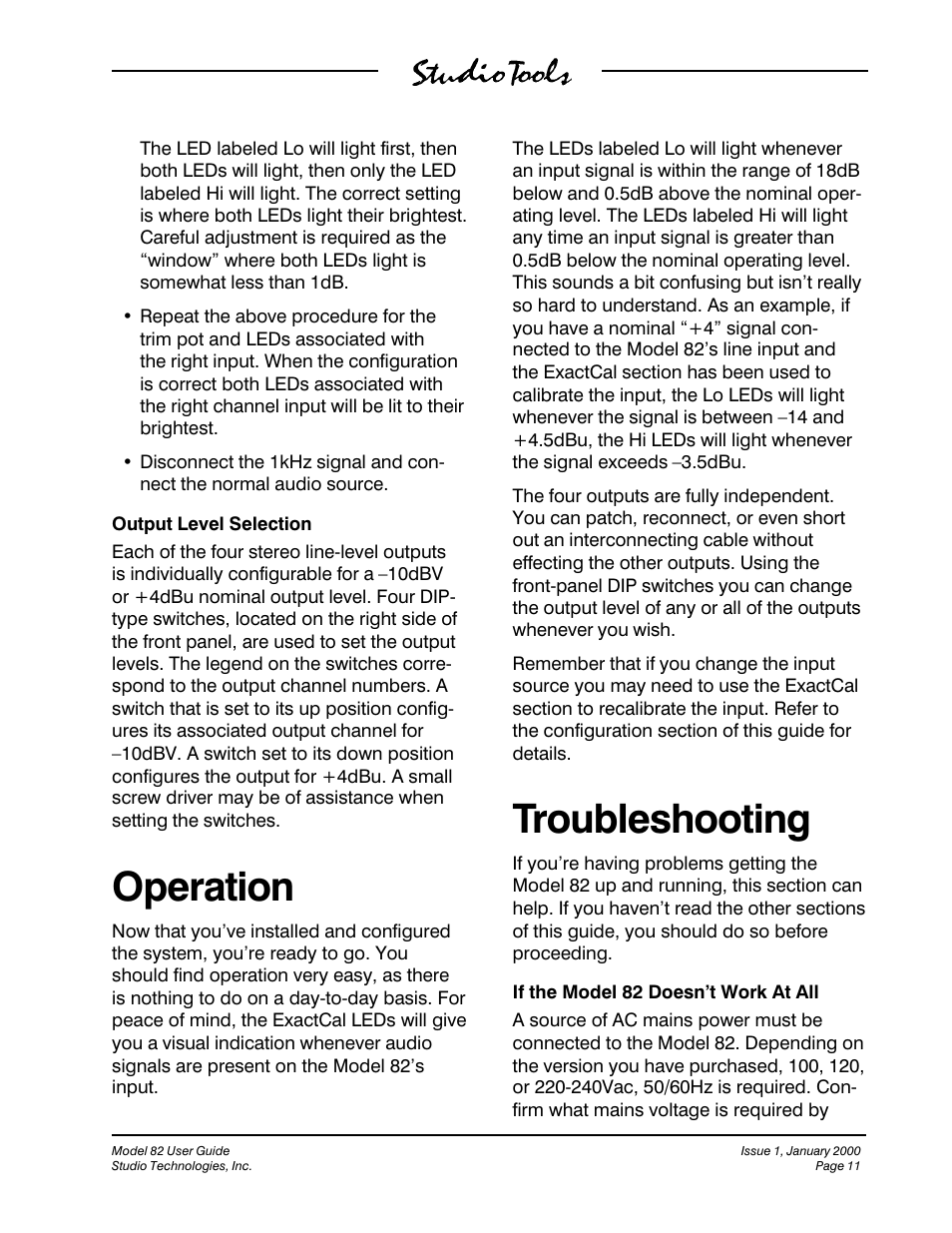 Operation, Troubleshooting | Studio Technologies 82 User Manual | Page 11 / 15