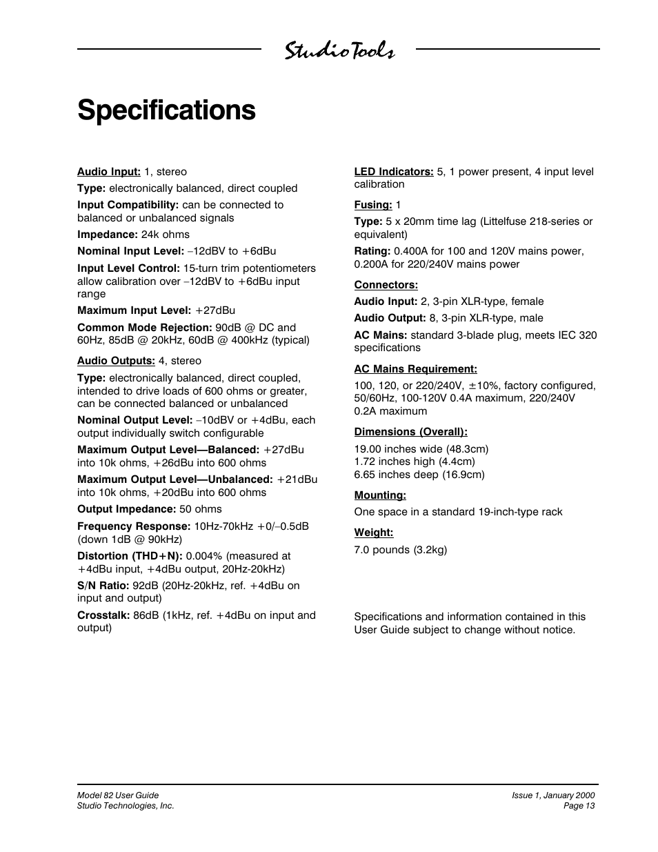 Specifications | Studio Technologies 82 User Manual | Page 13 / 15