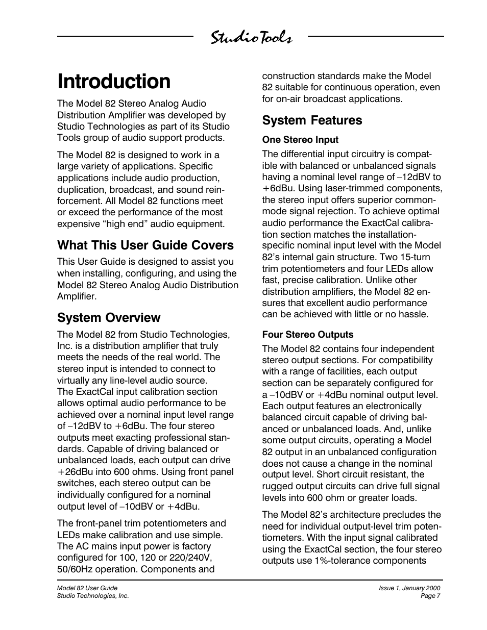 Introduction, What this user guide covers, System overview | System features | Studio Technologies 82 User Manual | Page 7 / 15
