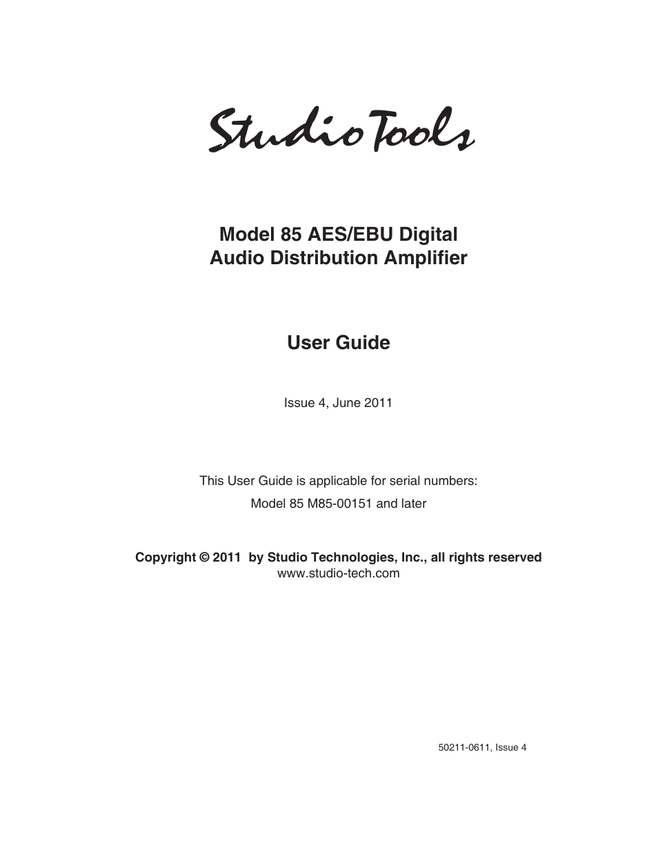 Studio Technologies 85 User Manual | 11 pages