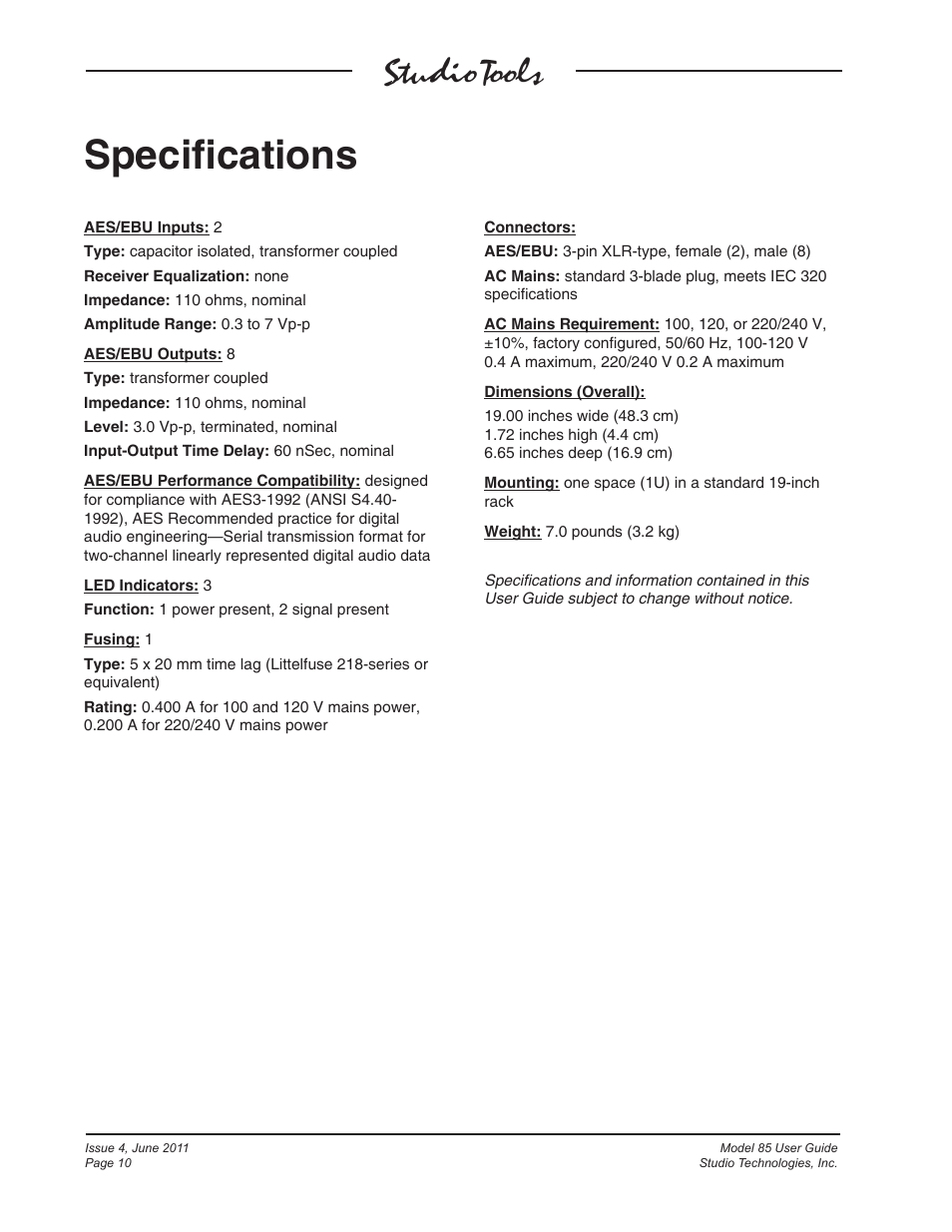 Specifications | Studio Technologies 85 User Manual | Page 10 / 11