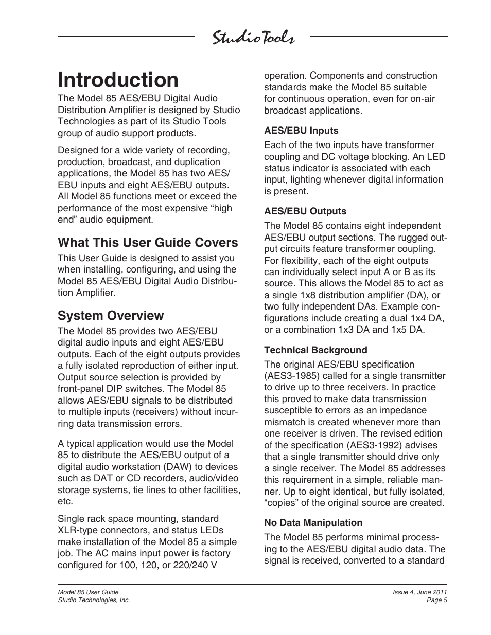 Introduction, What this user guide covers, System overview | Studio Technologies 85 User Manual | Page 5 / 11