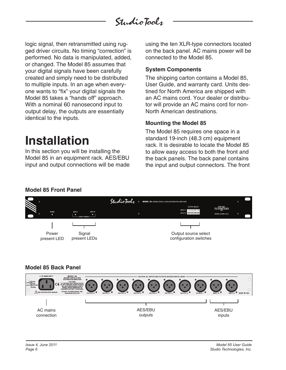 Installation | Studio Technologies 85 User Manual | Page 6 / 11